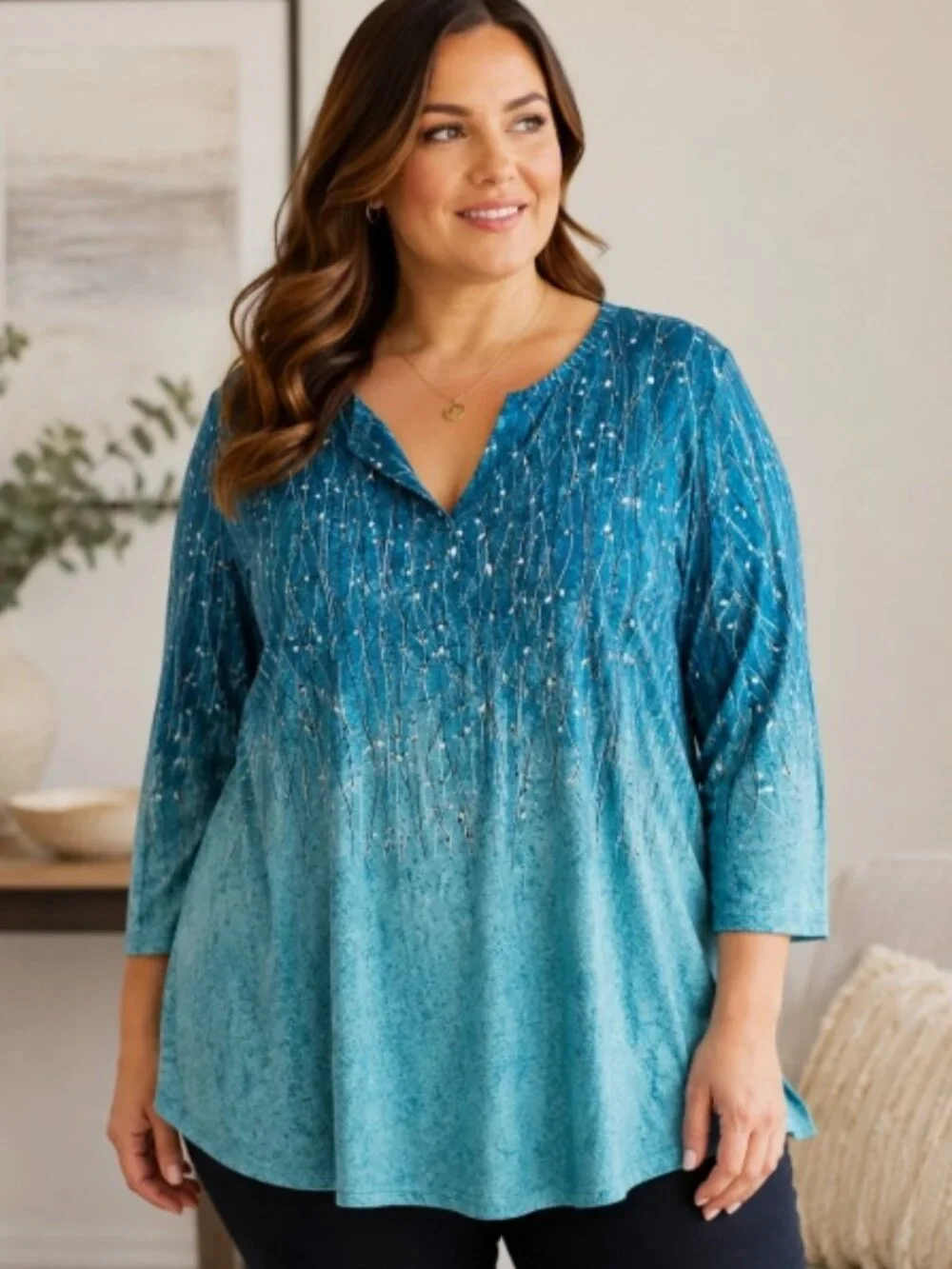 XIEEDUO Fashion Womens 3XL Blue V Neck Ruched 3/4 Sleeve Stretch Top NWT
